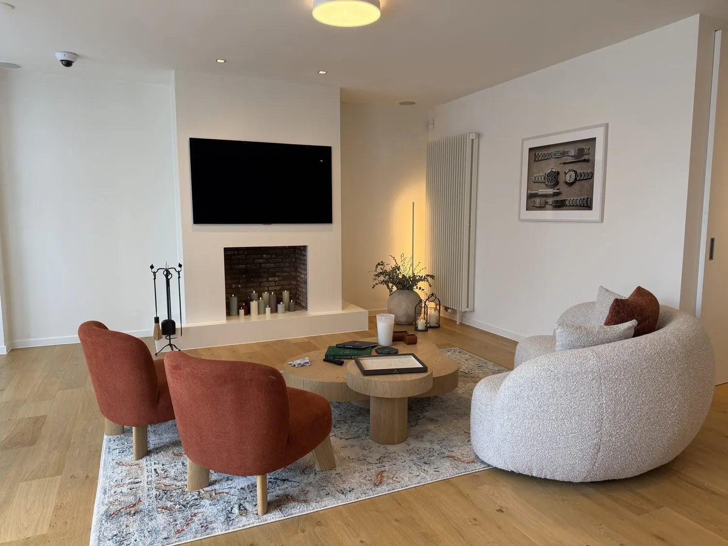 Temporary office with fireplace and sofa