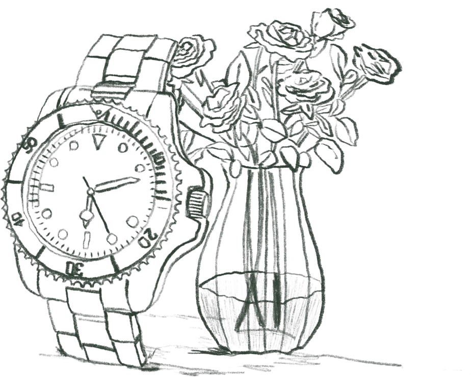 Illustration of a dive watch with a vase of roses behind it
