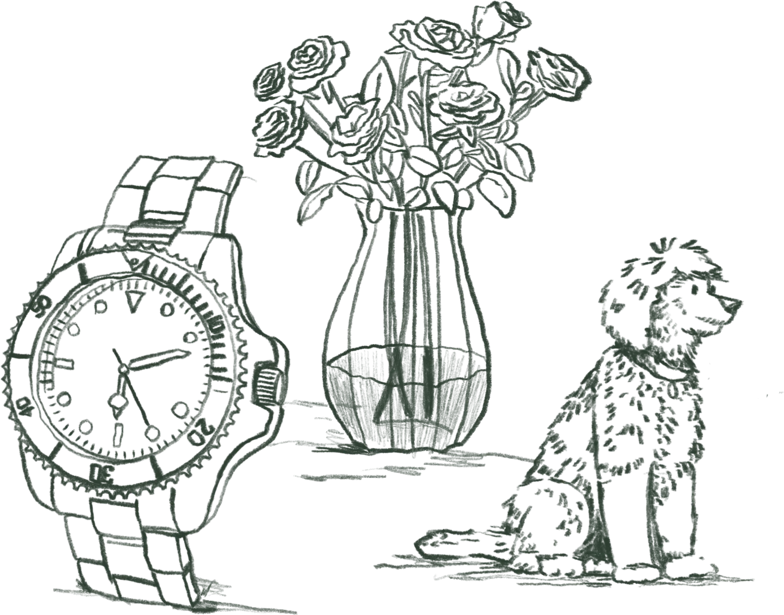 Illustration of a watch, a vase of roses and the dog
