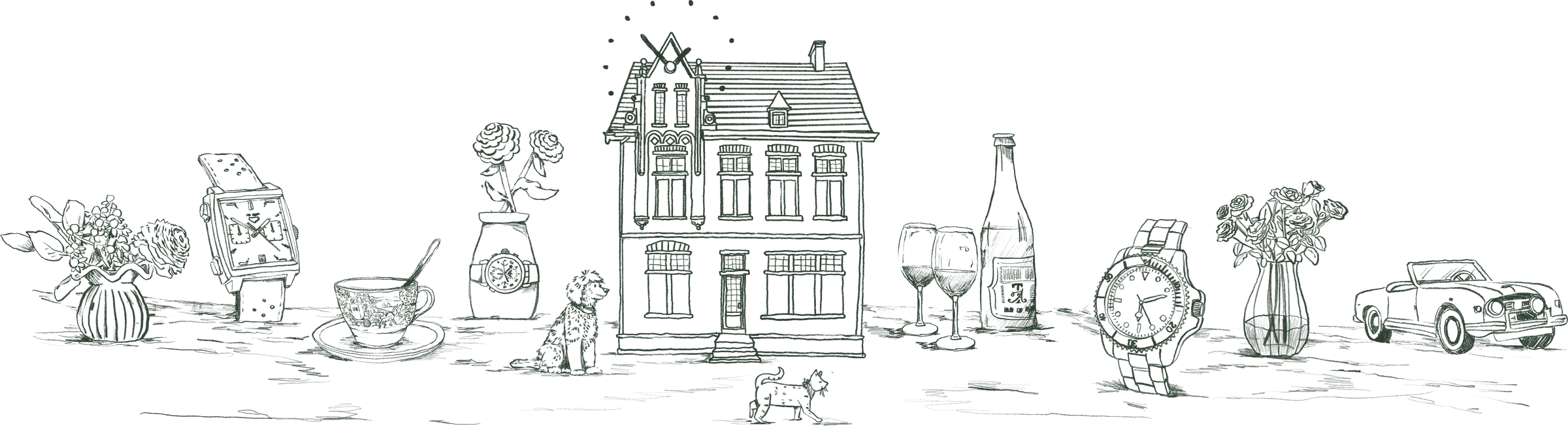 Illustration of the Automated Time house at Dorp 30 surrounded by watches, flowers, wine and the dog