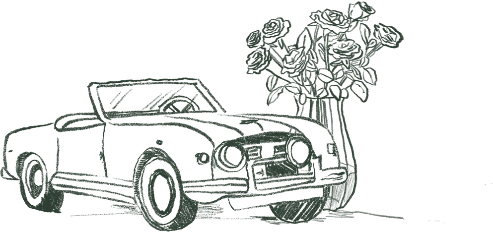 Illustration of a cabriolet and a vase of roses