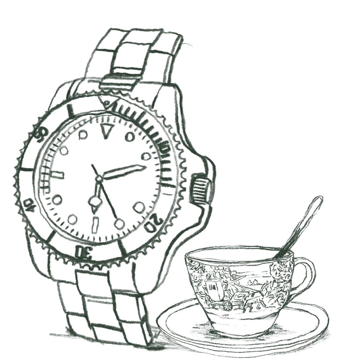 Illustration of a dive watch with a cup of coffee, ready for the valuation