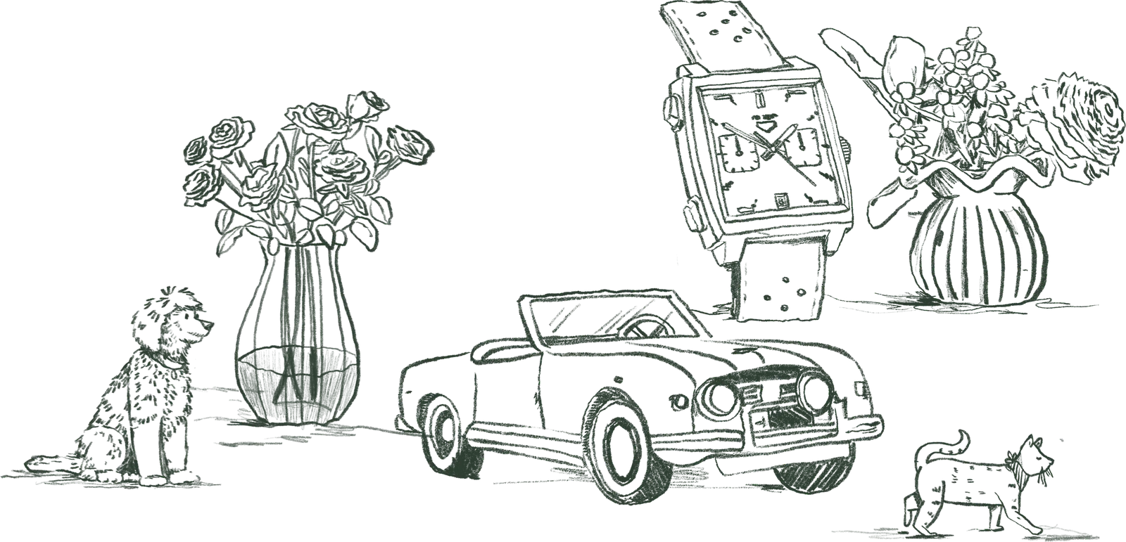 Illustration with the dog, flowers, a cabriolet and a watch