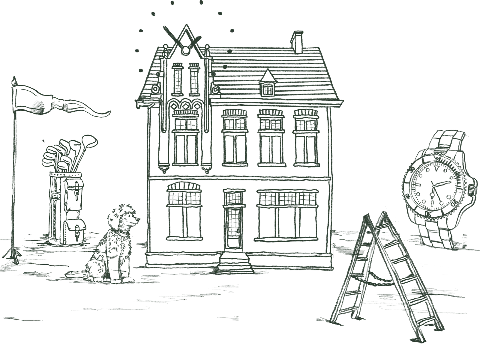 Illustration of the house at Dorp 30 with golf bag, ladder, watch and dog