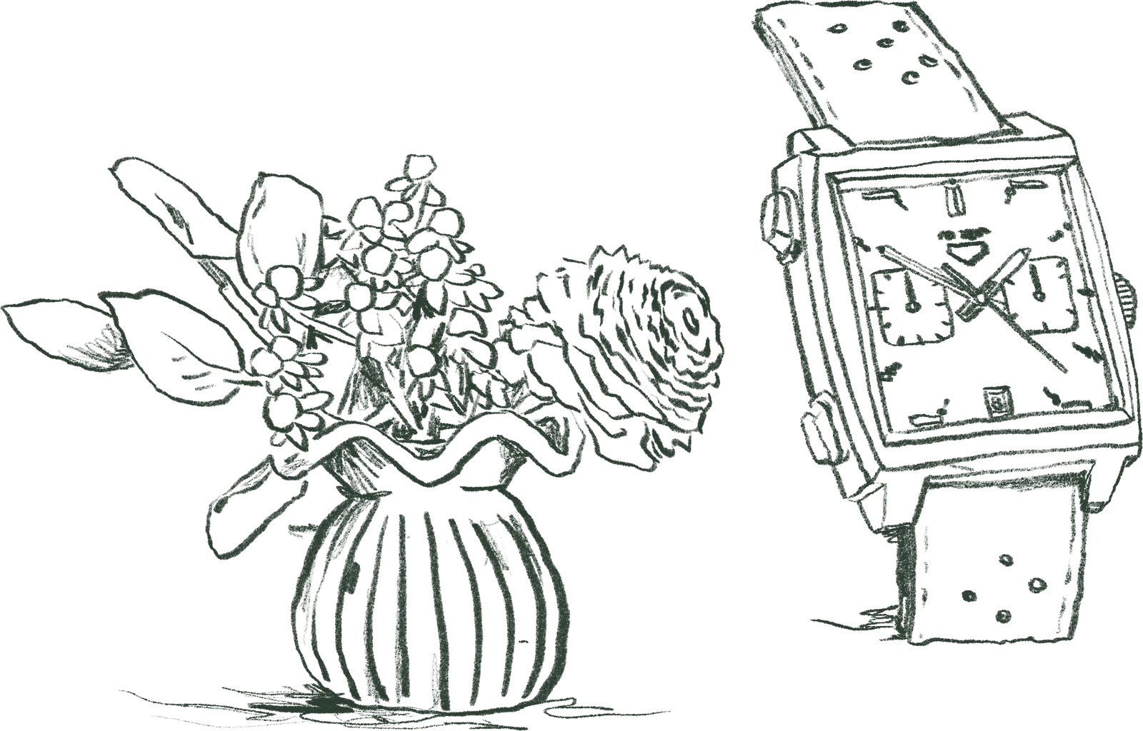 Illustration of a square watch and a vase of flowers