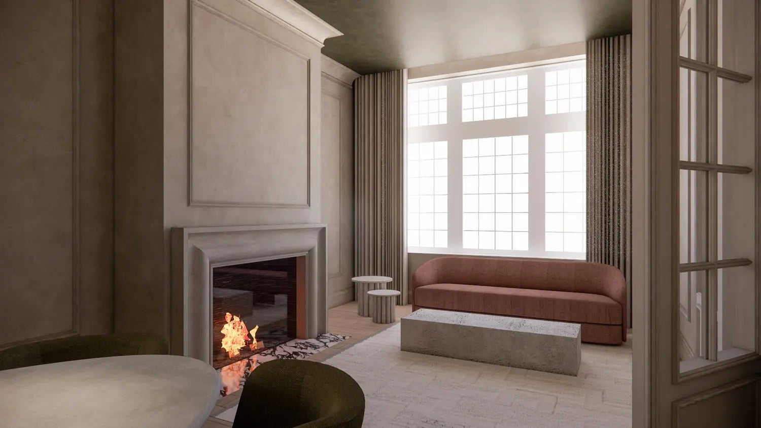 Render of the salon with fireplace